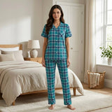 بيجامة قطن كاروهات خضراء موديل واقف كامل تصميم نصف كم مريح