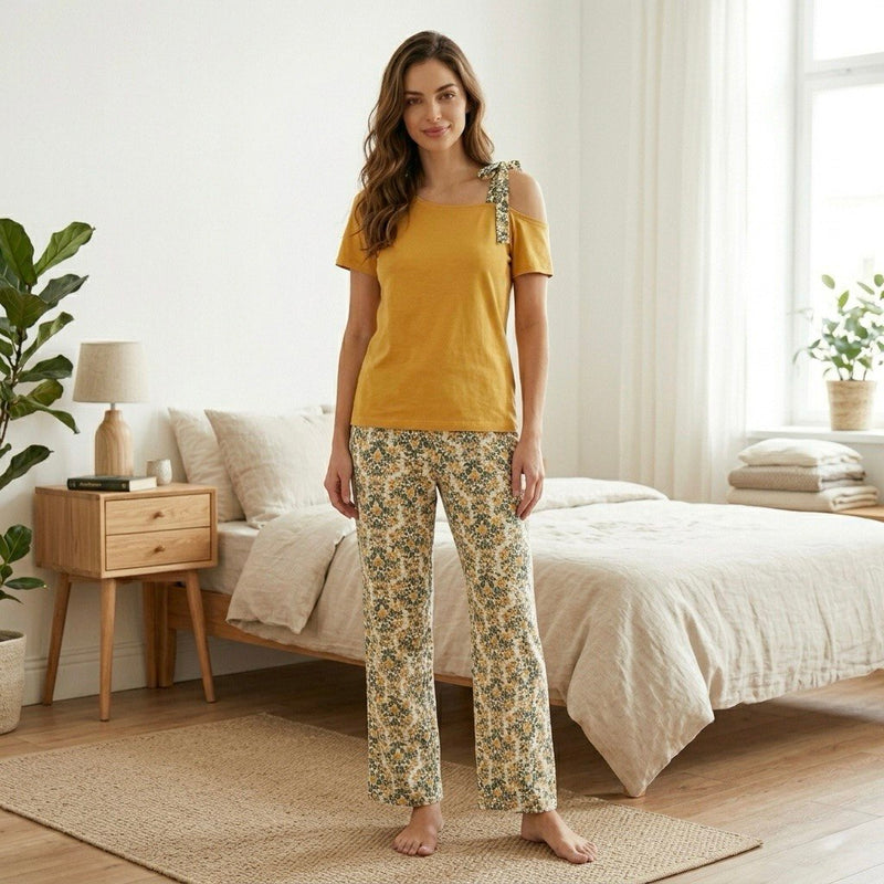 بيجامة قطن حريمي مستردة برباط كتف مطبوع وتصميم مريح - PYJAMODA