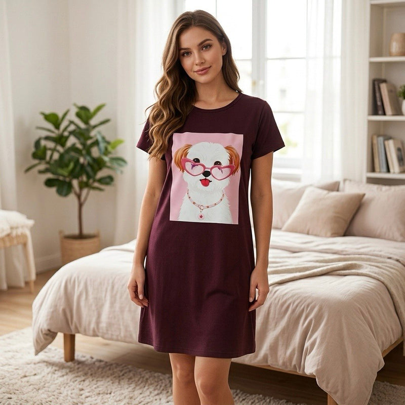 نايت شيرت قطن نبيتي بطبعة كلب بالنظارة حريمي - PYJAMODA