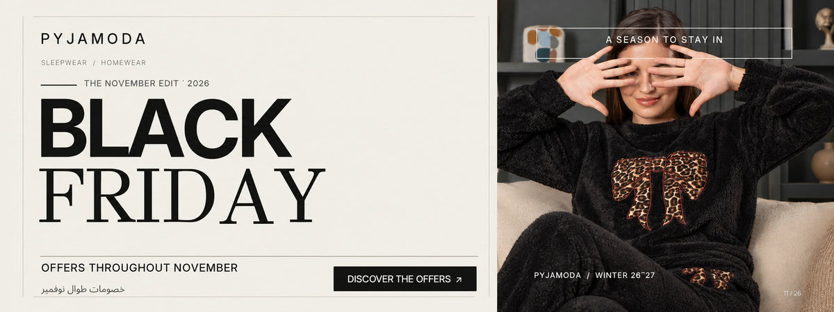PYJAMODA Black Friday November 2026 desktop banner – model wearing black fur pajamas with leopard bow